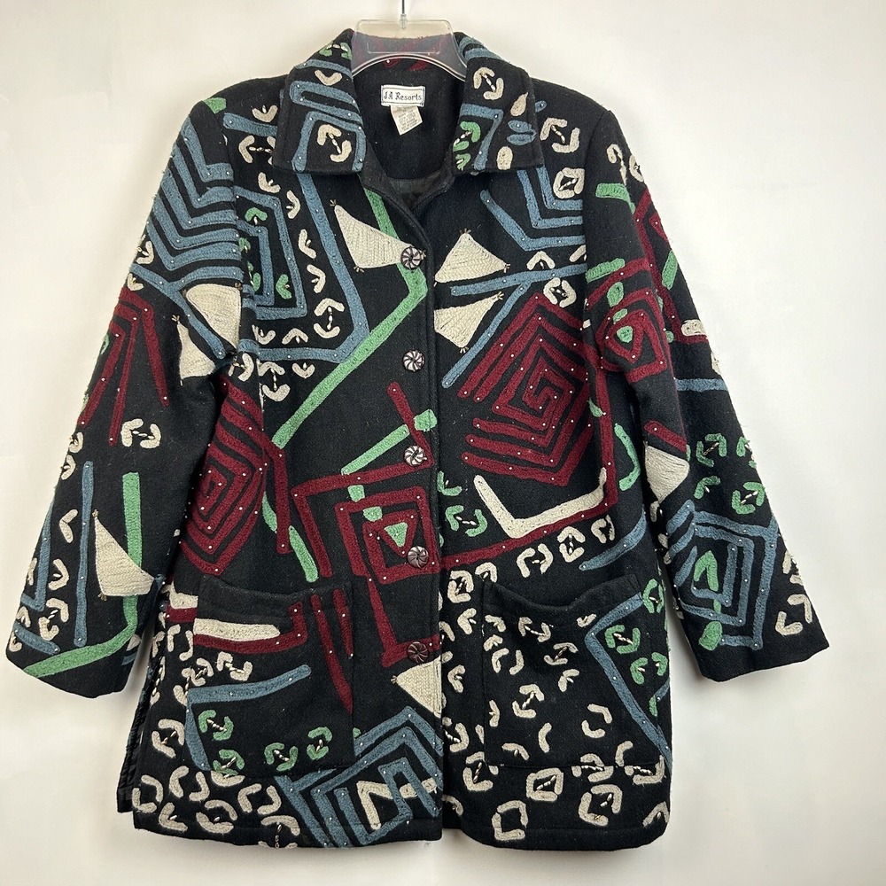 Maximalist Coat Jacket Womens M Wool Blend Embellished Art to Wear India Read